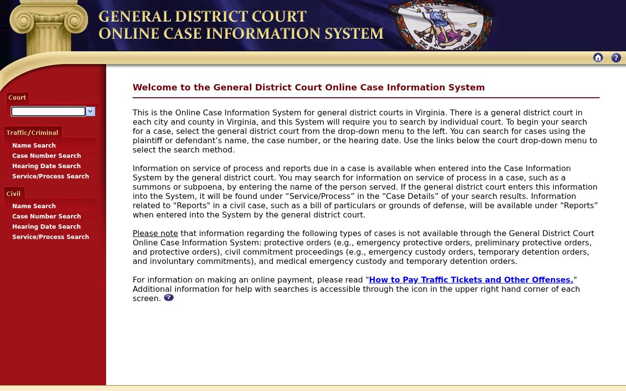 Charlotte County warrant search starts with the Virginia GDC court selector
