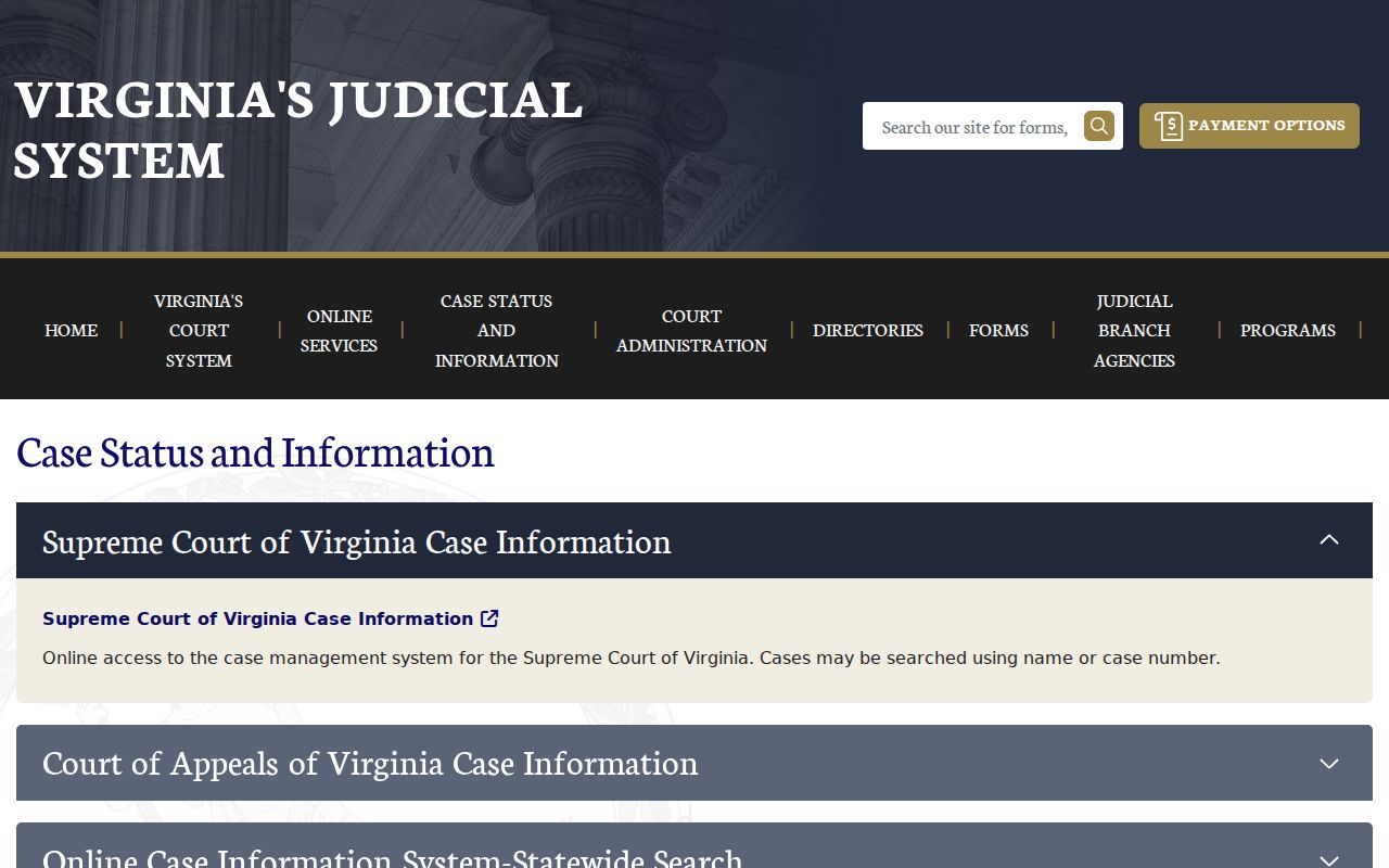 Charlotte County warrant search context on Virginia's case-information page