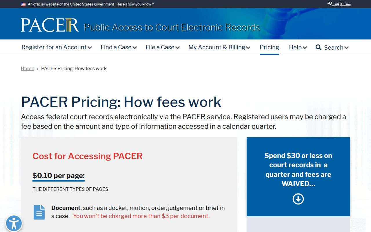 PACER federal docket-access information for public case searches